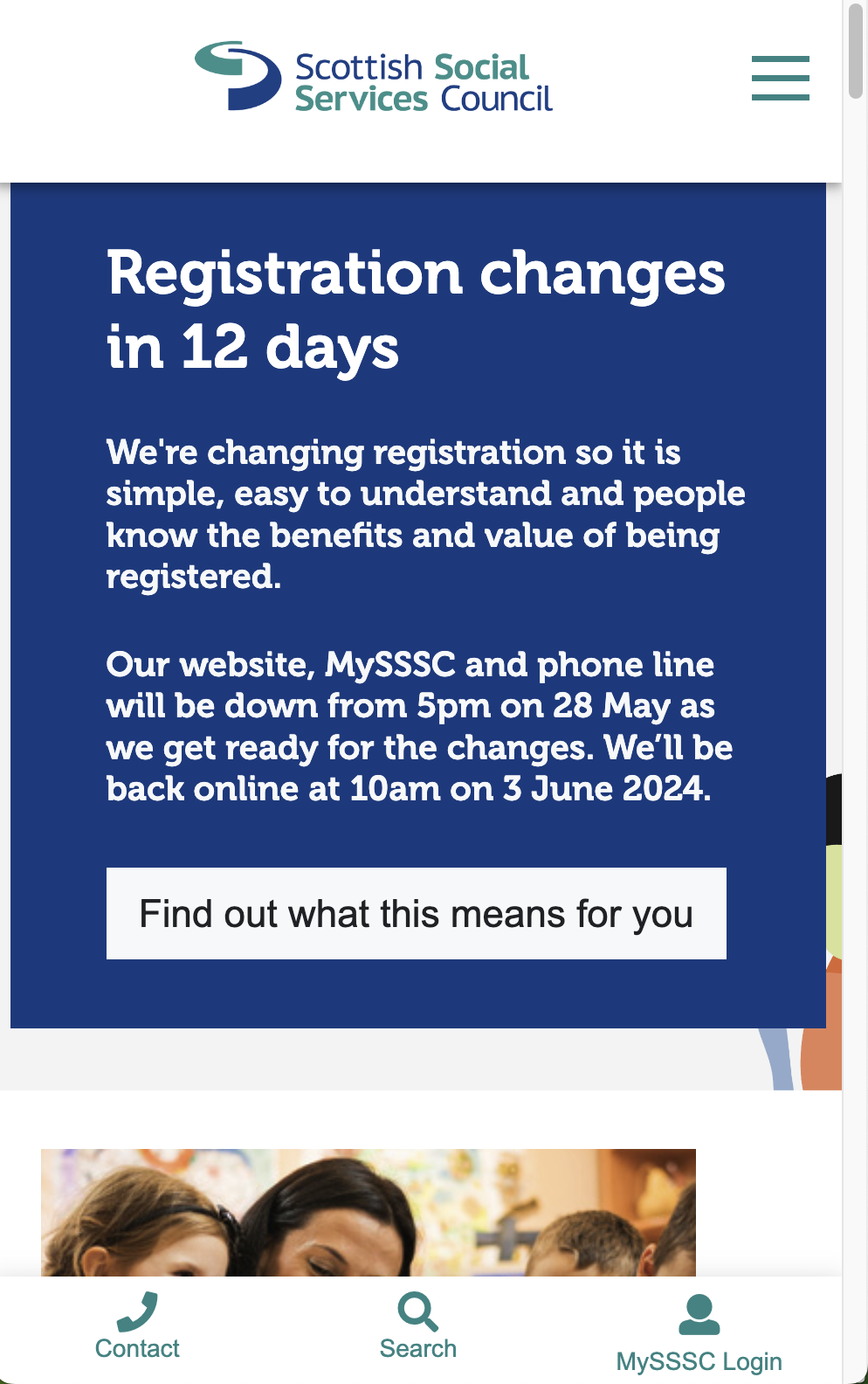 This image shows the MySSSC login button in mobile view which is located in the bottom right hand side of the screen.
